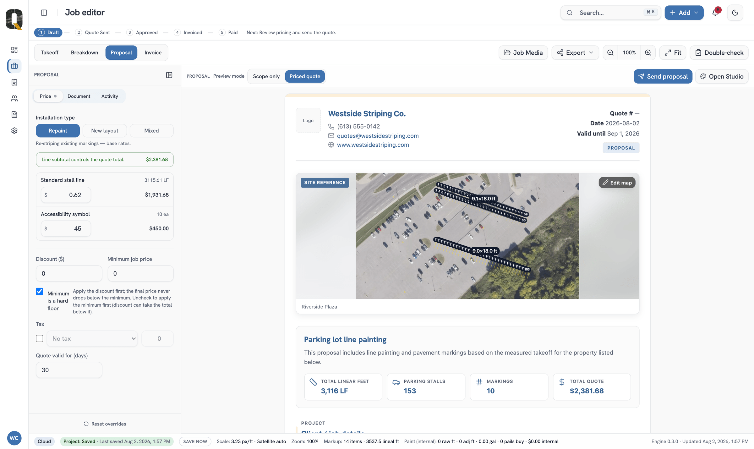 The QuoCAD proposal: a letterheaded quote carrying the contractor's name, phone, email and website, the site aerial, and totals of 3,116 linear feet, 153 stalls and $2,381.68.