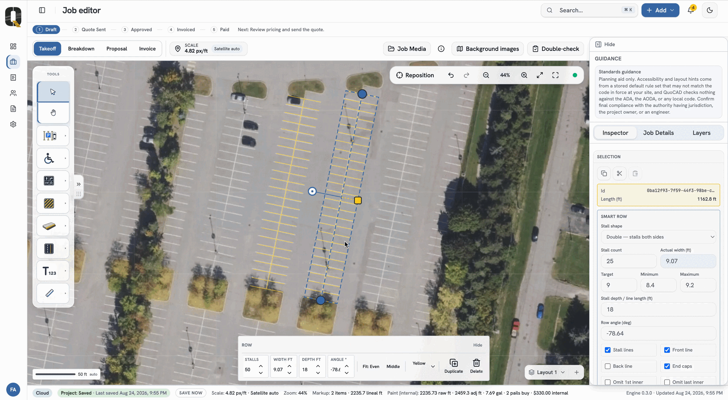 The QuoCAD takeoff workbench: two straight yellow double rows aligned with the existing parking layout, the tool palette on the left, and a live total of 2,235.7 lineal feet.