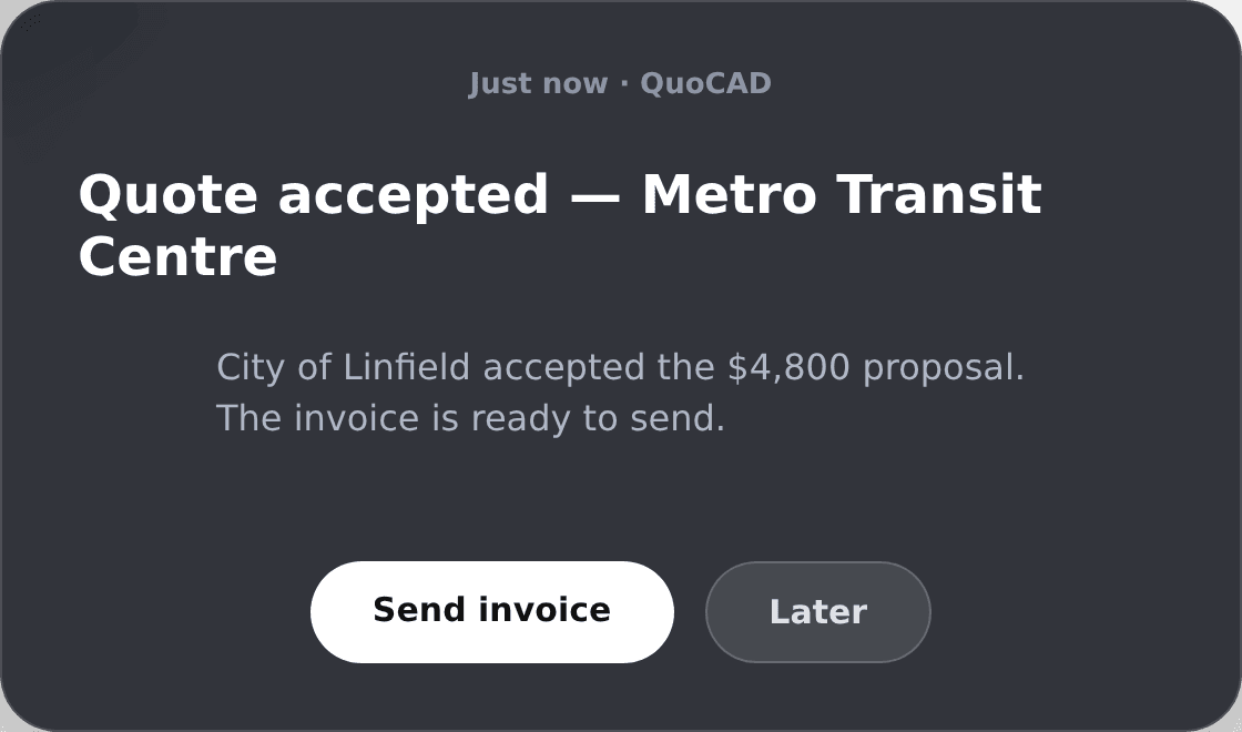 Notification: quote sent for Metro Transit Centre, $4,800