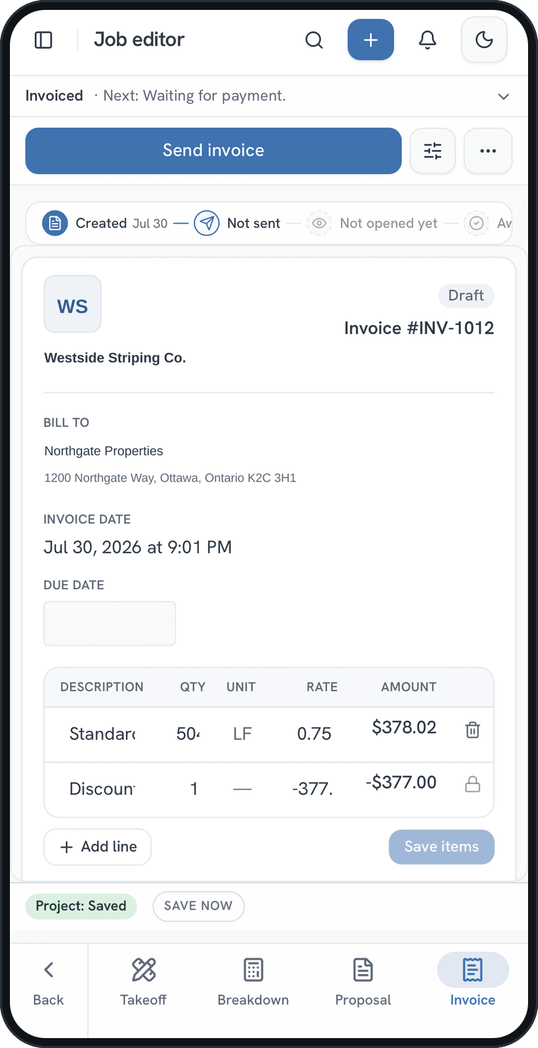 The QuoCAD invoice screen on a phone, billed to the customer with the quoted line items carried across.