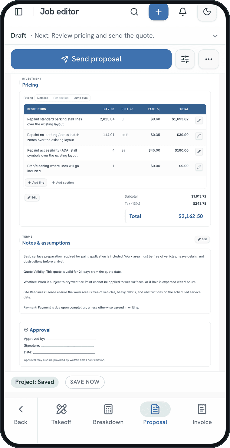 The QuoCAD pricing table on a phone, with each measured line item priced by quantity and rate.