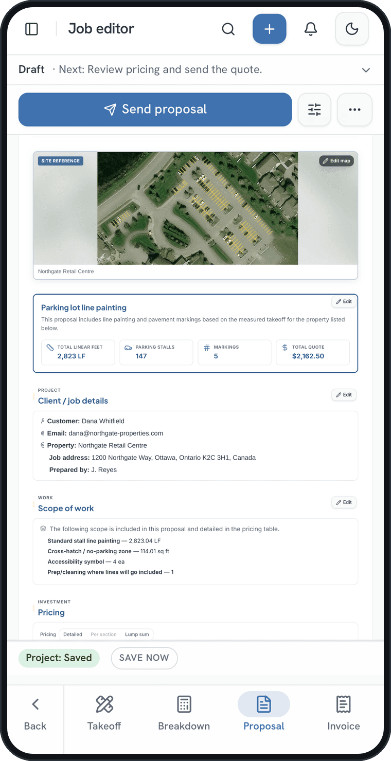 The QuoCAD proposal on a phone: the site map, measured totals and the customer's job details.