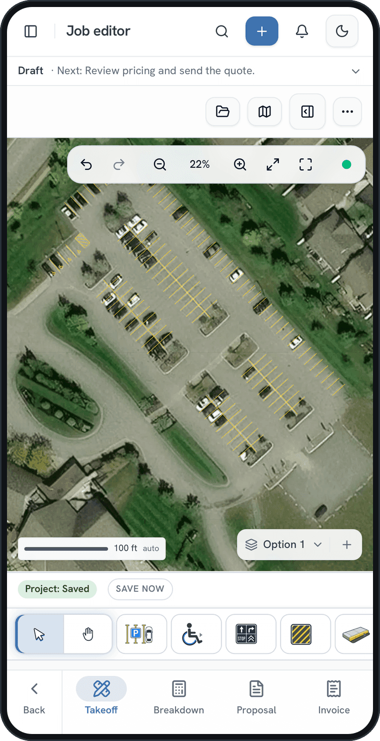 QuoCAD on a phone: takeoff summary with stall counts, paint gallons and the quote total.