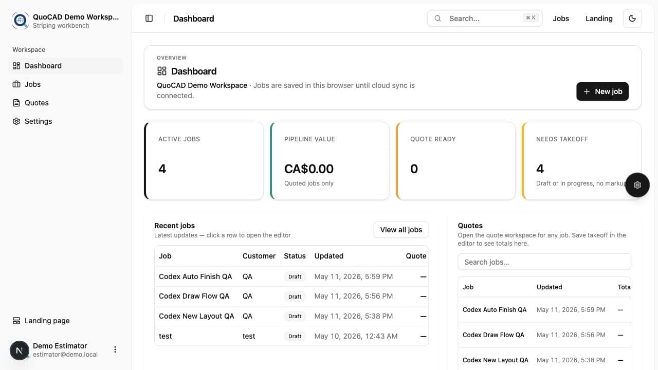 QuoCAD dashboard preview with jobs, quotes, and takeoff overview