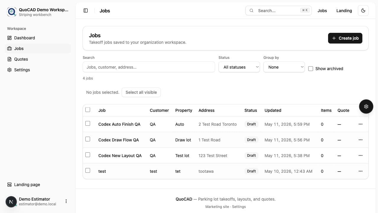 QuoCAD jobs list in dark mode - Light Mode