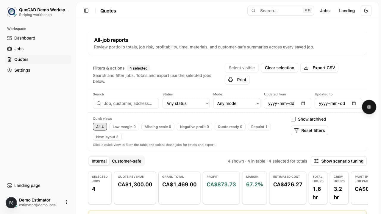 QuoCAD quotes and reports in dark mode - Light Mode